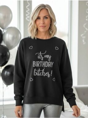 POODIT It’s my birthday humorous oversized black French Terry pullover sz small